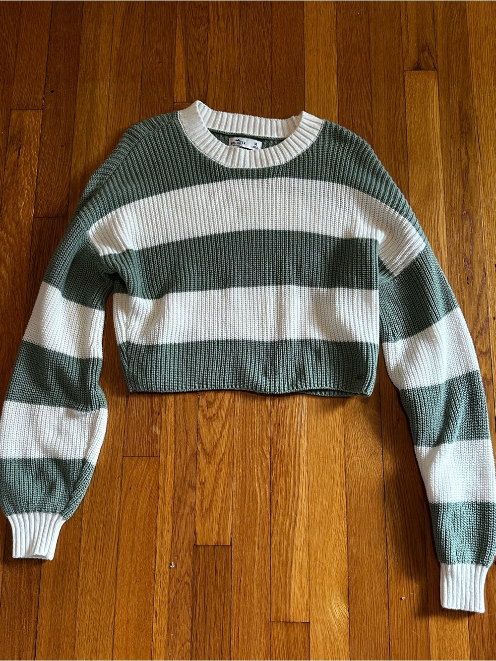Hollister Green & White Striped Cropped Oversized Sweater - Size M